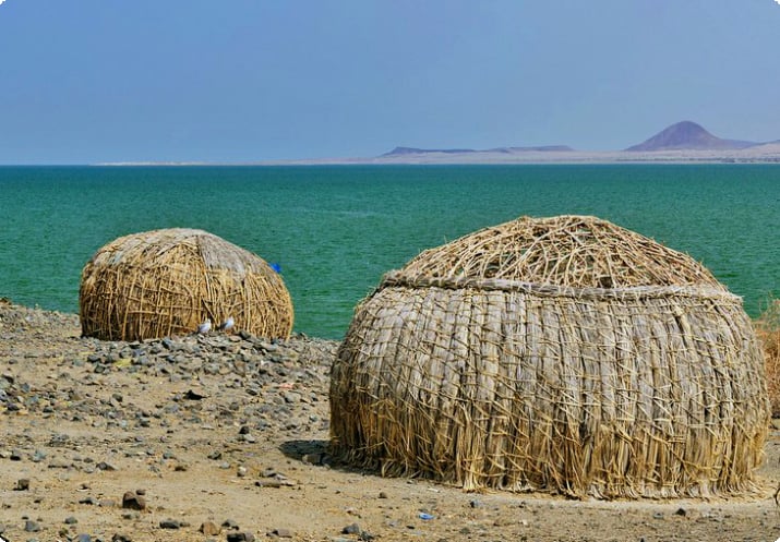 Традиционные дома племени эль-моло на берегу озера Туркана