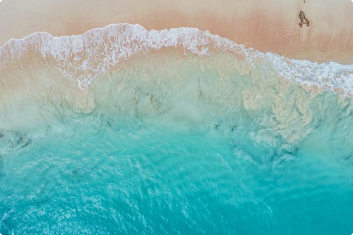 Luftfoto af en lyserød sandstrand på Bermuda
