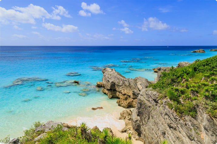 Bermuda'da kayalık sahil şeridi ve masmavi su