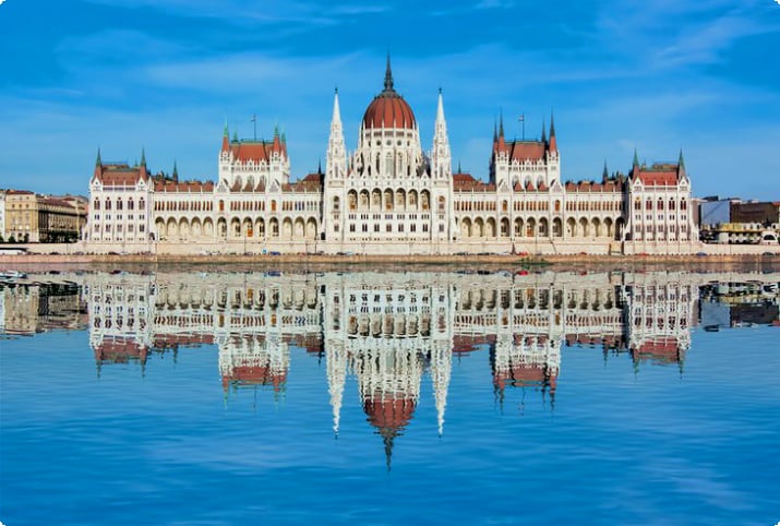 Parlamentsgebäude, das sich in der Donau in Budapest spiegelt