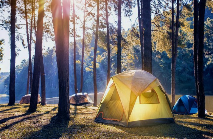 Палатки в утреннем свете вдоль реки