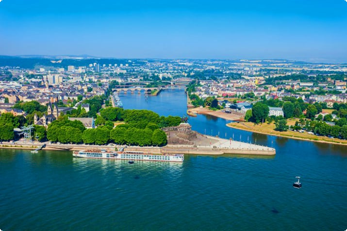 Aerial view of where the Rhine and Mosel rivers meet at Deutsches Eck