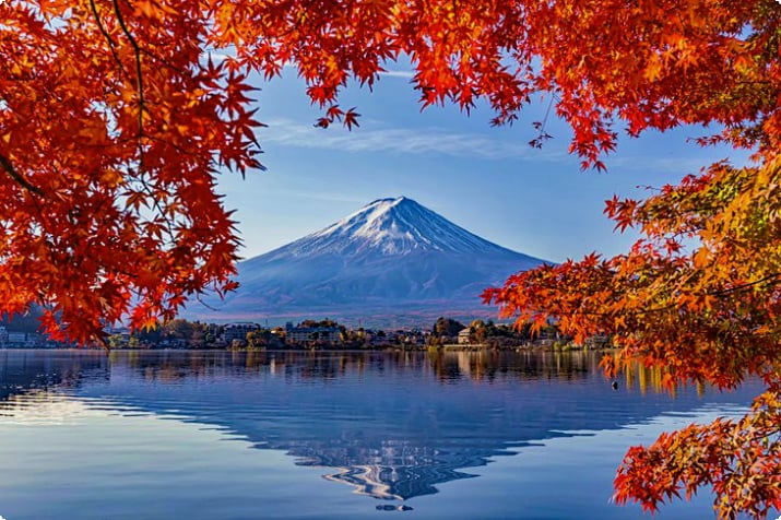 Гора Фудзи в обрамлении осенних листьев