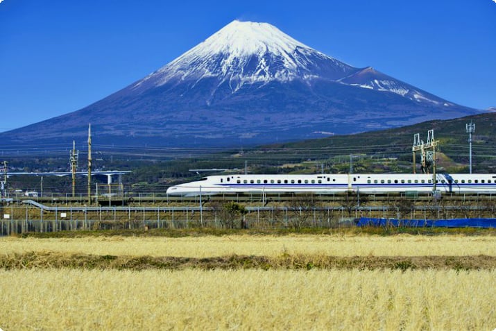 Le train à grande vitesse Shinkansen passe devant le mont Fuji