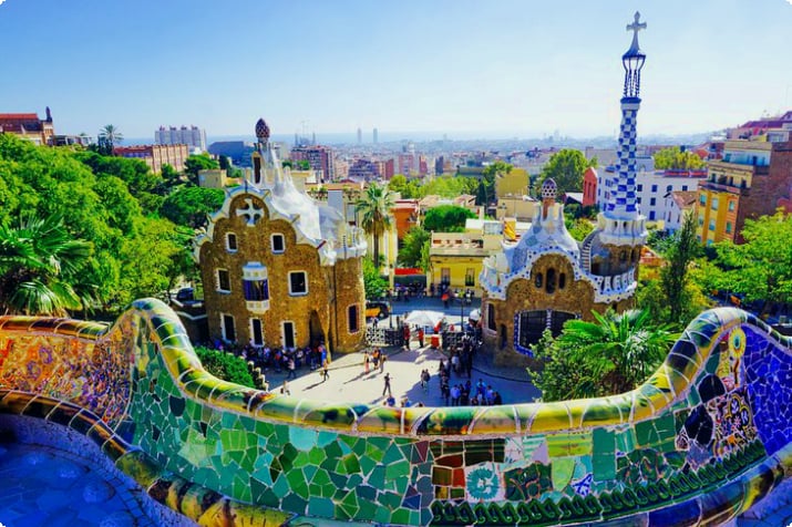 View of the gatehouses from the esplanade at Park Güell